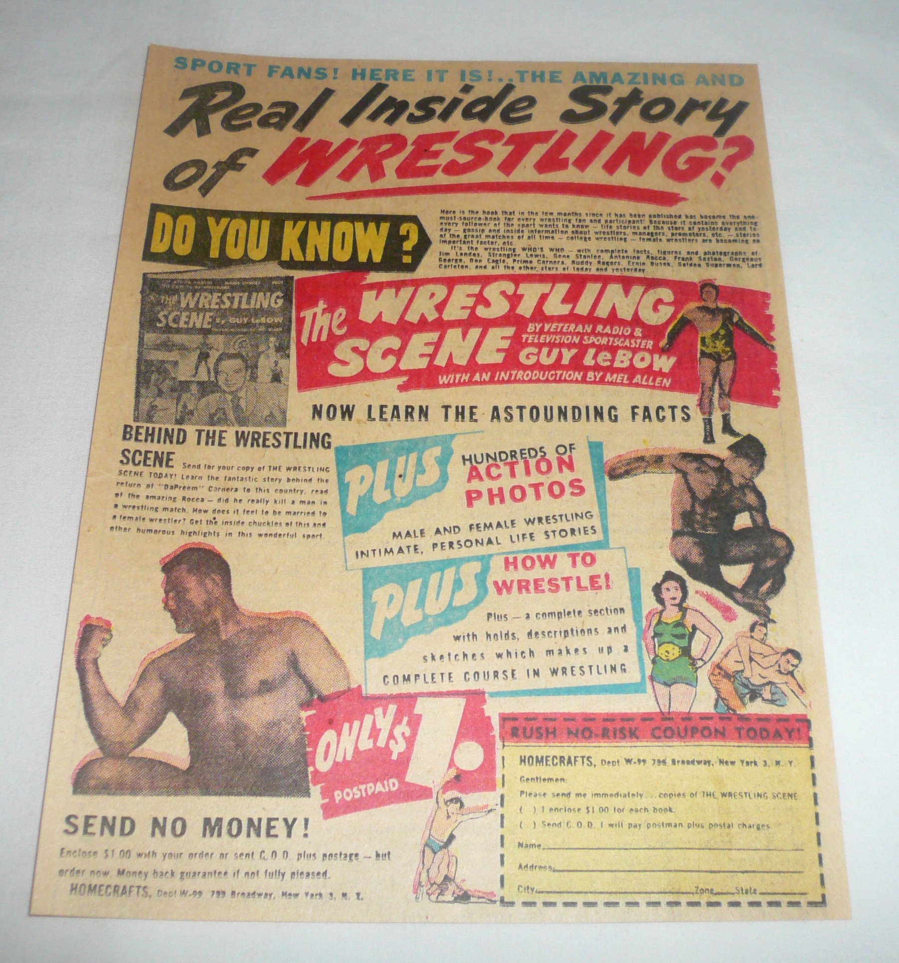 1952 newsprint ad page ~ the wrestling scene ~ guy lebow